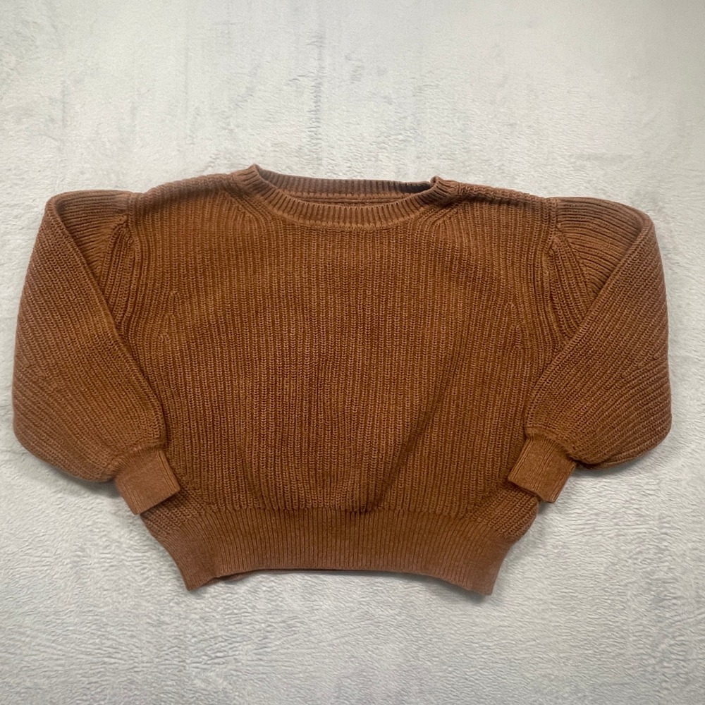 GAP Sweater Women Size M Brown Ribbed Knit Puff Sleeve Cotton Cropped Crew Neck